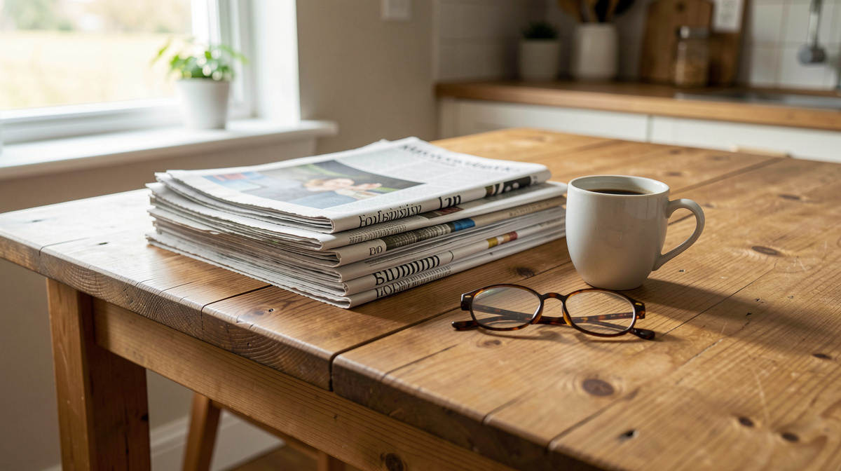 Una mesa de cocina de madera con varios periódicos apilados junto a una taza de café y unas gafas, luz natural de mañana entrando por una ventana lateral, plano cenital ligeramente inclinado.