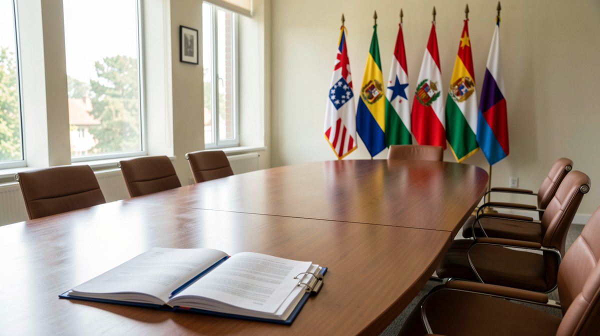 Sala de reuniones con una gran mesa ovalada, banderas de varios países al fondo, luz natural de mediodía entrando por ventanales y una carpeta con documentos abierta en primer plano, encuadre frontal ligeramente elevado.