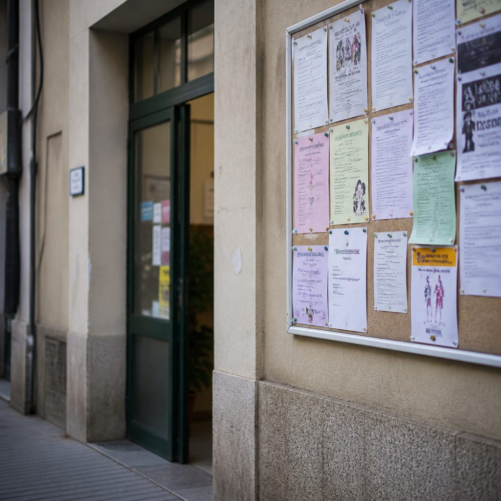 Puerta de un local asociativo de barrio con un tablón de anuncios lleno de carteles de actividades y horarios